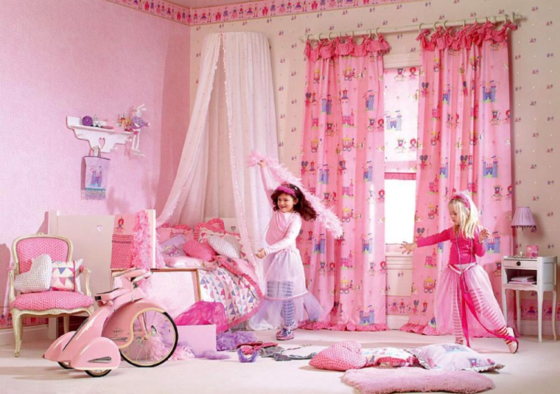 Детская розовая комната для девочек в стиле ретро