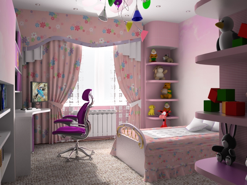 Дизайн детской комнаты для девочек в стиле хай-тек в цветочках