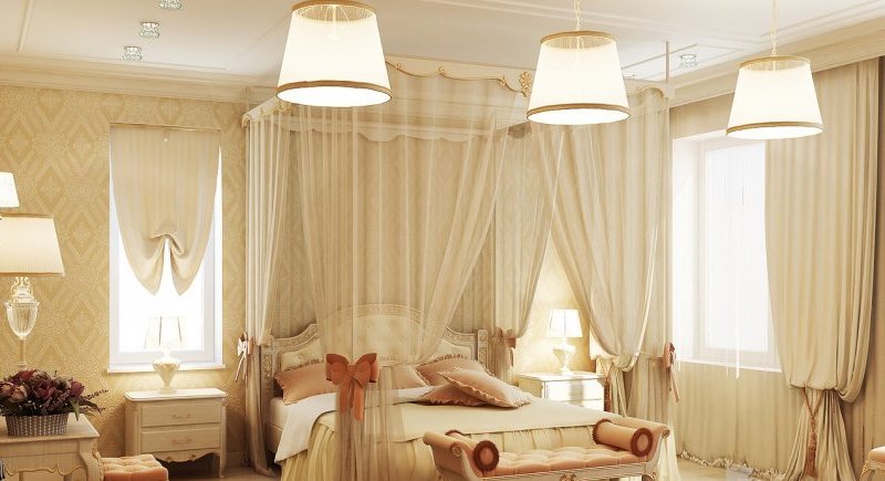 Роскошный дизайн ванильной спальни с лёгкими шторами и абажурами