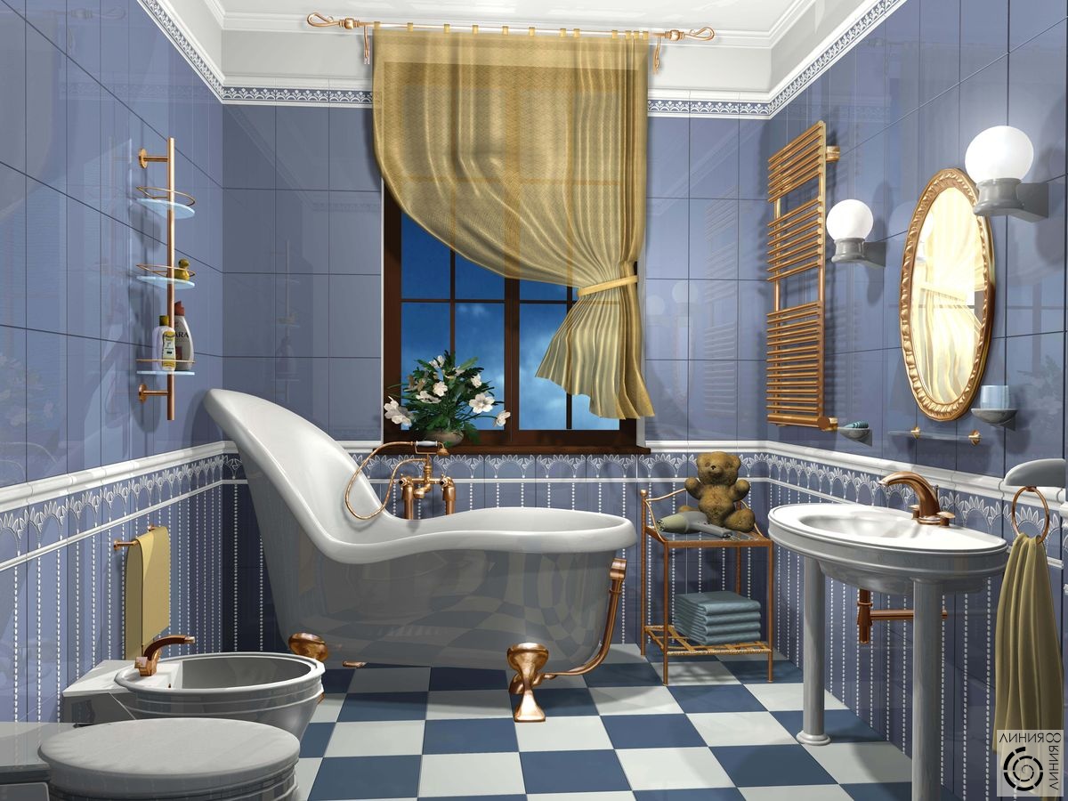 Жёлтые шторы и голубо-васильковый цвет плитки в дизайне ванной комнаты.