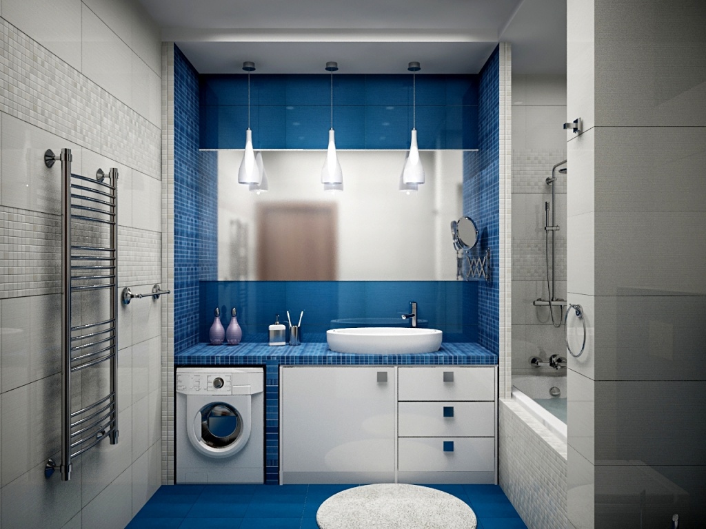 Очень гармонично спланированная ванная комната в бело-синем цвете.