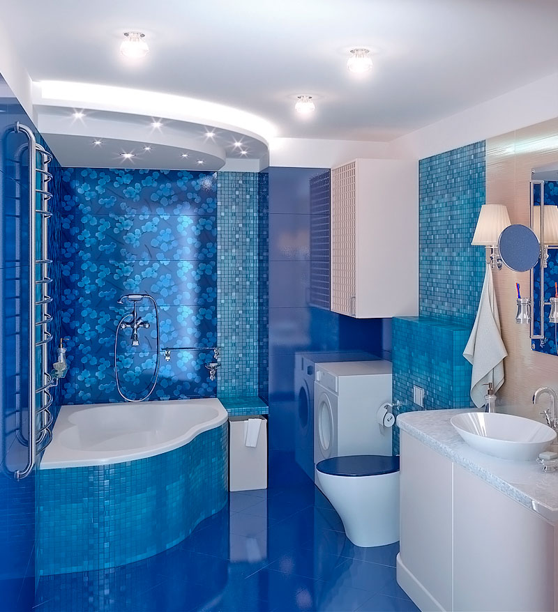 Просторная ванна в двух гаммах - белый и аква-голубой.