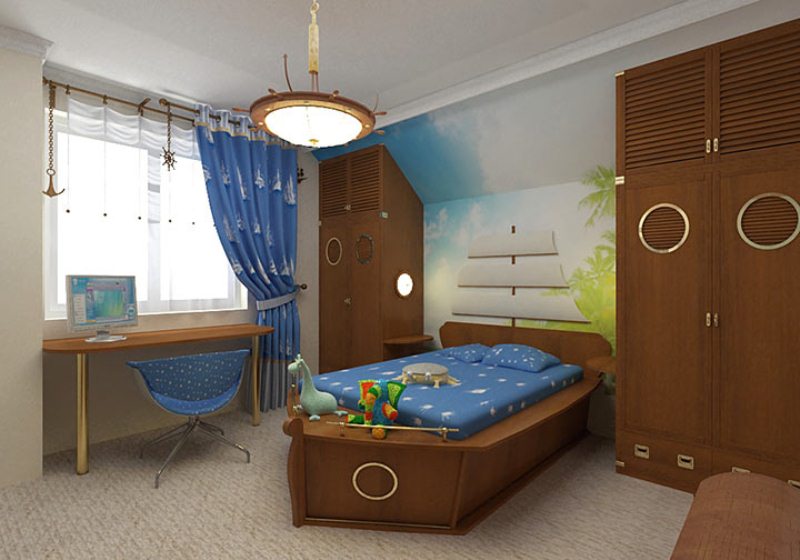 Детская комната в морском стиле с деревянным оформлением