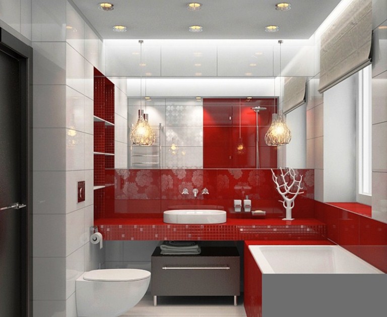 Интерьер ванной комнаты с серым и красным оттенками