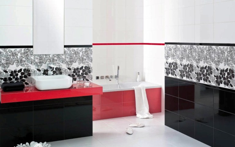 Классическое сочетание белого, черного и красного цветов в интерьере ванной комнате