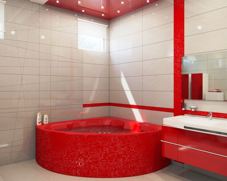 Угловая ванная с красной мозаикой
