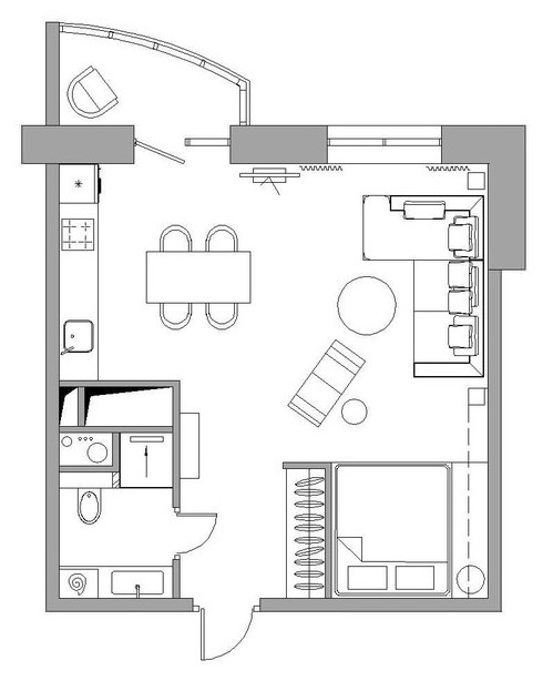 Схема планировки квартиры-студии 36 кв. м.