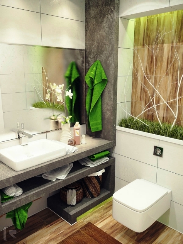 3. Стильное оформление туалета в эко стиле с живой травой и бетонными полками 