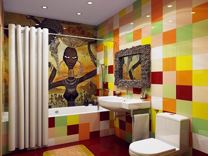 3. Интерьер ванной комнаты в египетском стиле с разноцветной плиткой