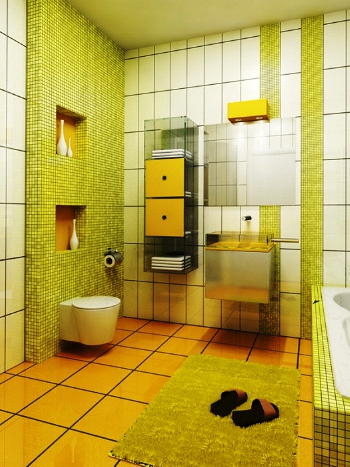 5. Необычайно пестрая ванная комната в салатово-желтых тонах с мягким пушистым ковриком и необычными шкафчиками