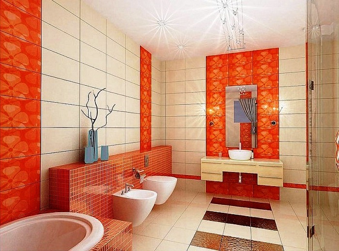 7. Красочный интерьер ванной комнаты в оранжево-белых тонах с восточными нотками