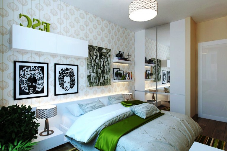 Дизайн белоснежной спальни для молодой леди с ярким декором и салатовыми вставками