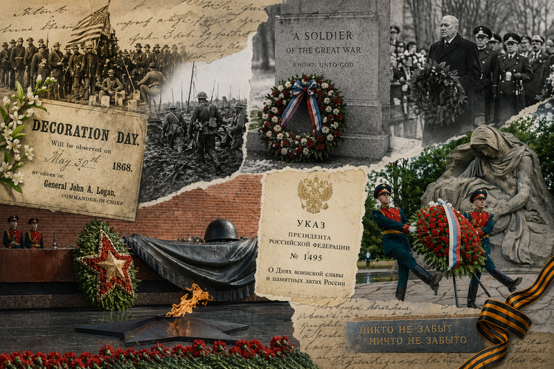 Коллаж военных мемориалов и традиции возложения венков в эпоху мировых войн
