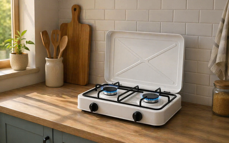 фото 2-х конфорочной настольной газовой плиты на кухне