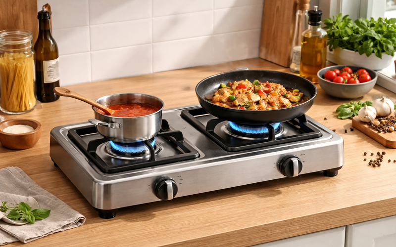 двухконфорочная плита с горелками 1,75 кВт и 0,9 кВт.